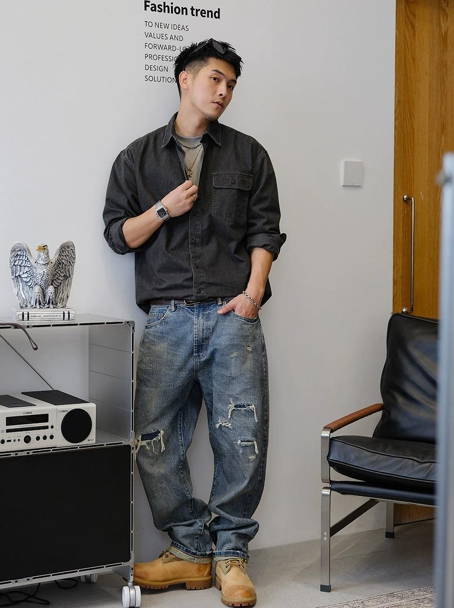 Retro Denim Long-Sleeve Shirt
