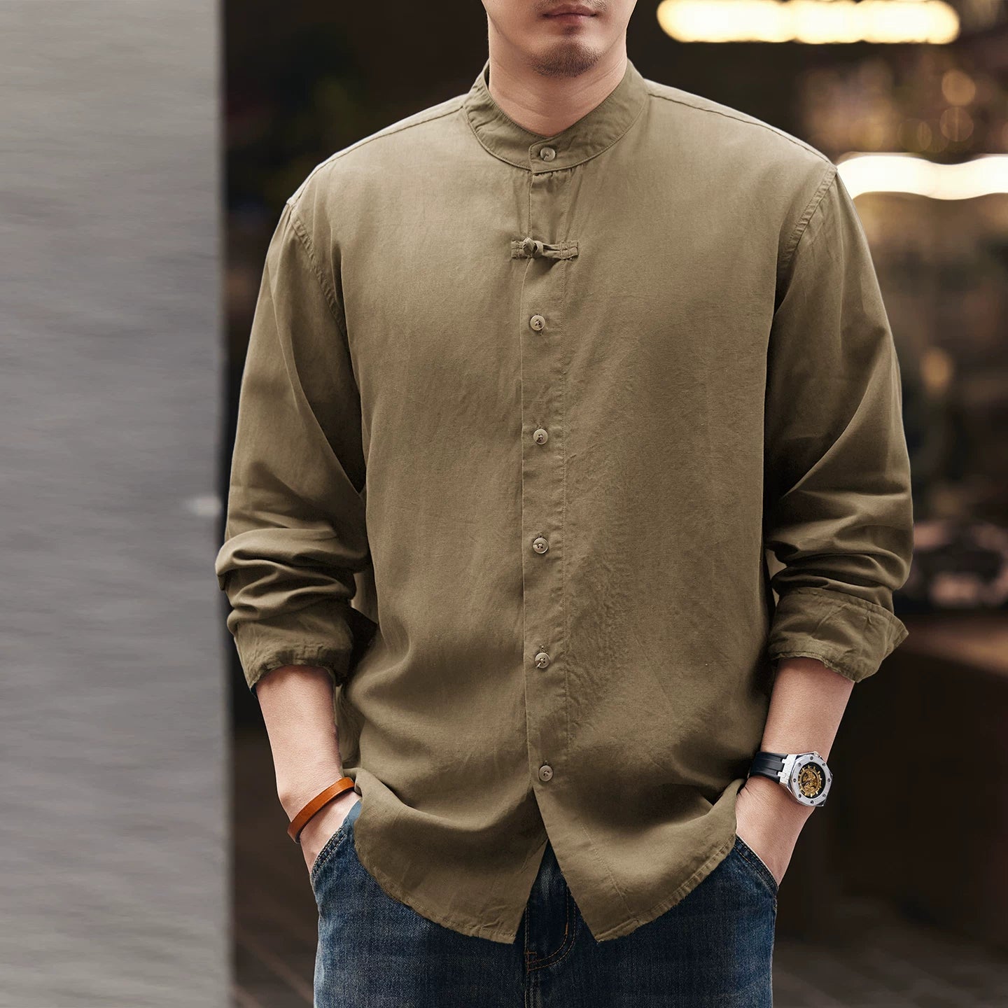 レトロリネンスタンドカラーシャツ