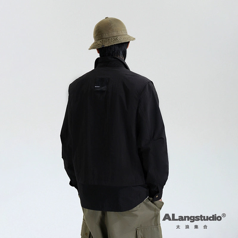 レトロ ワークウェアジャケット 秋 大きなポケットのルーズジャケット