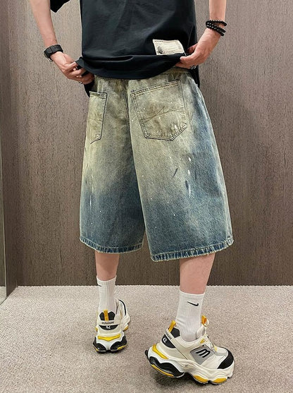 Retro Gangster Denim Splash Shorts