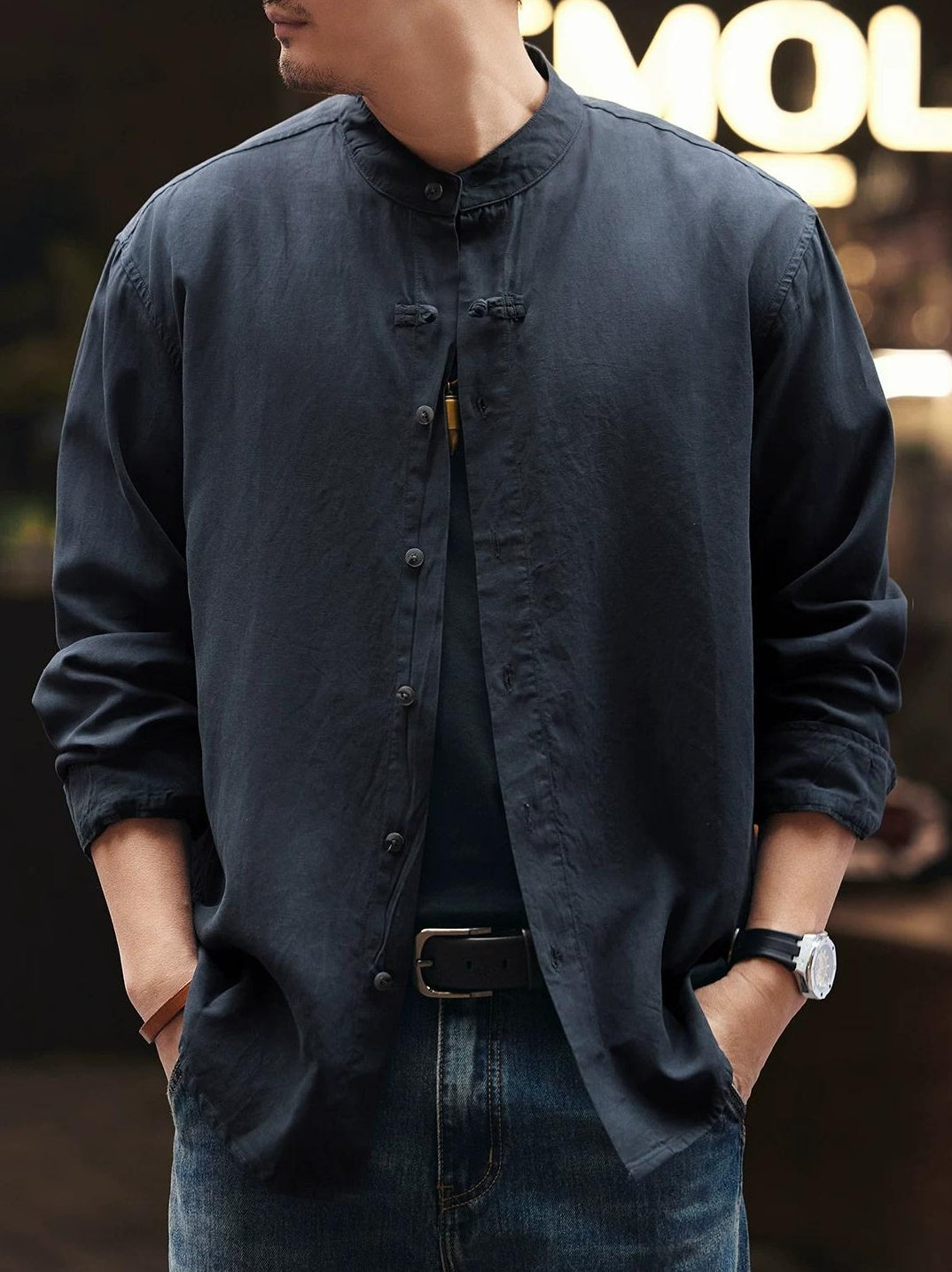 レトロリネンスタンドカラーシャツ