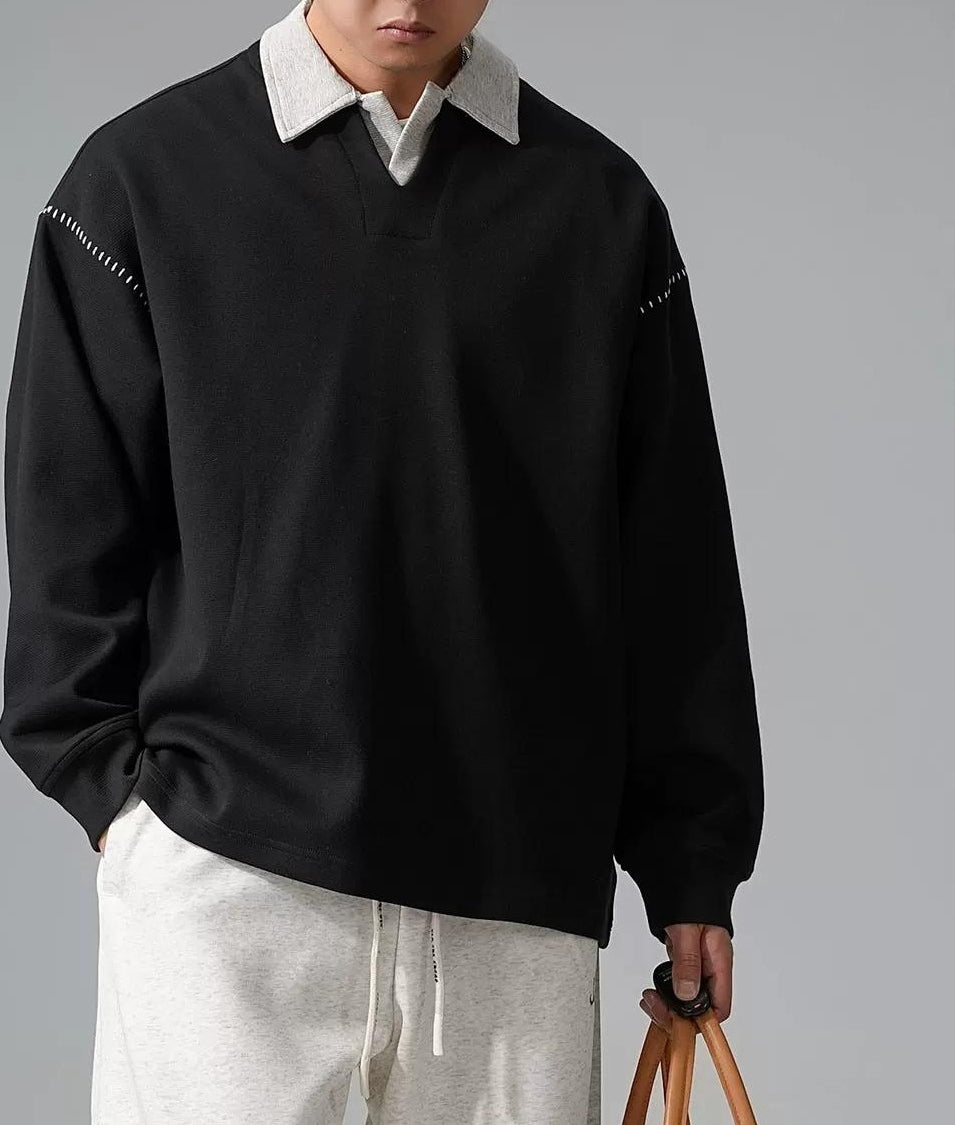 カラーブロック ラペル スウェットシャツ トップス