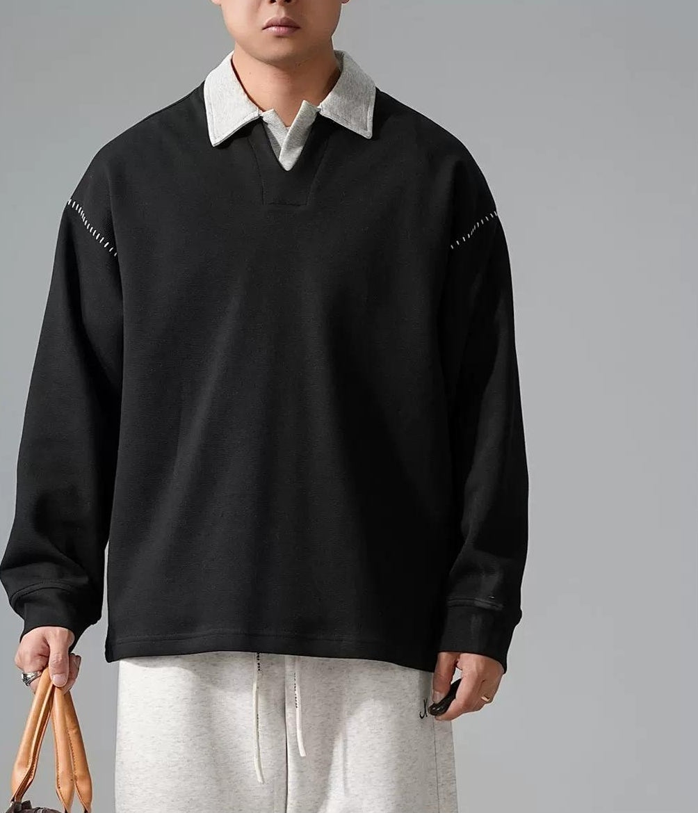 カラーブロック ラペル スウェットシャツ トップス