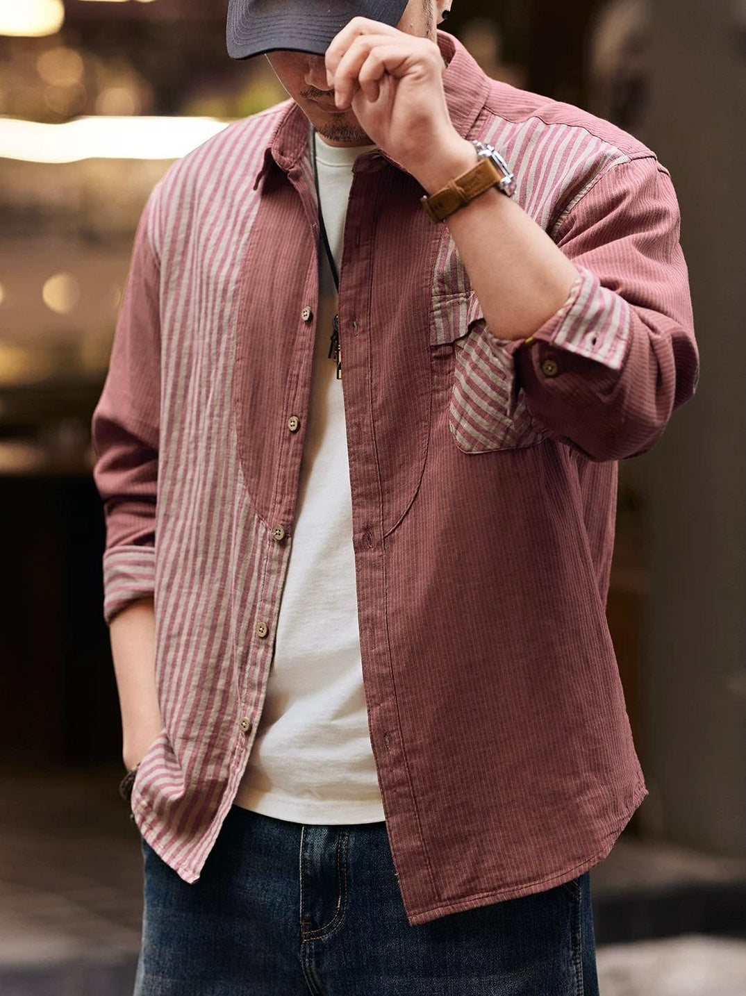 レトロ　カラーブロック　ストライプシャツ