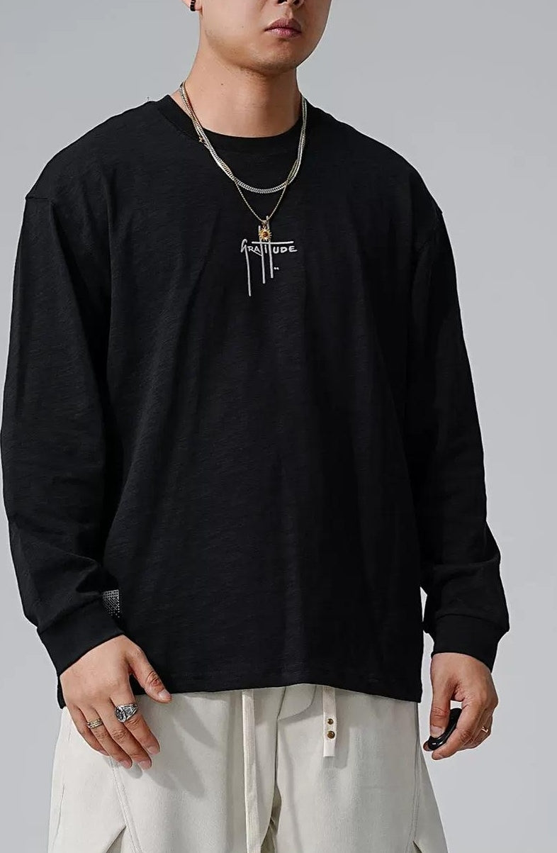 刺繍入りフリース長袖Tシャツ