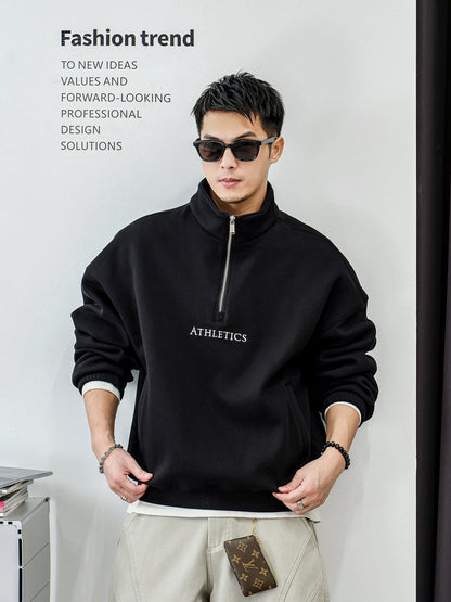 カジュアル刺繍ハーフジップセーター