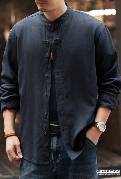 レトロリネンスタンドカラーシャツ