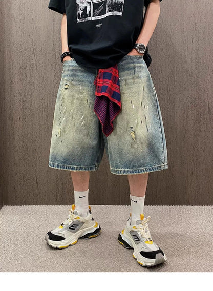 Retro Gangster Denim Splash Shorts