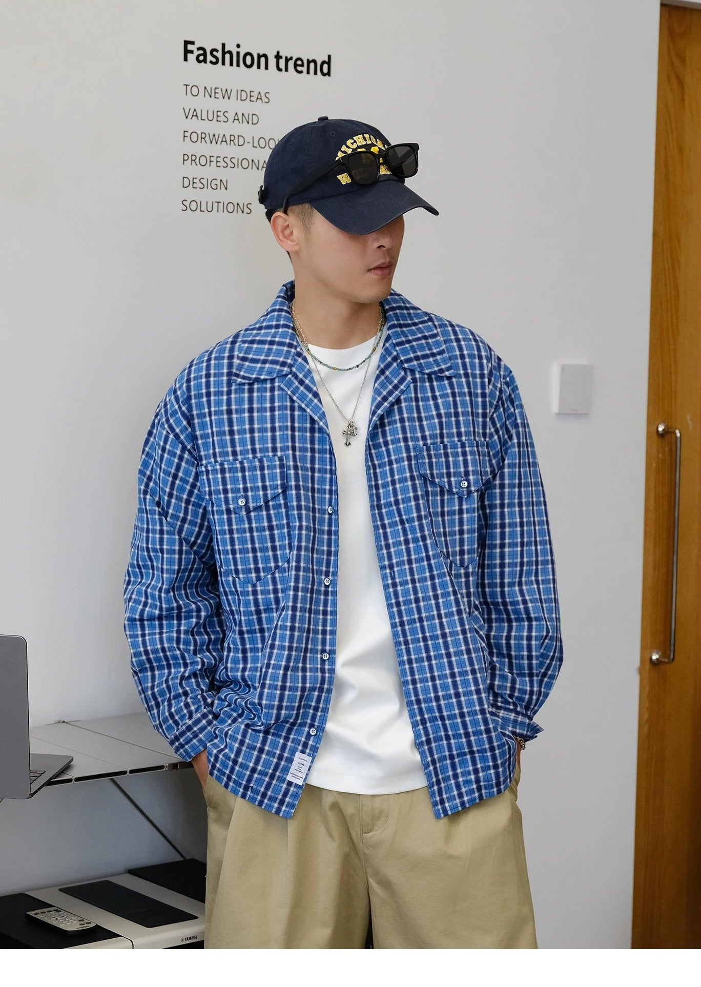 パッチワークチェック長袖シャツ