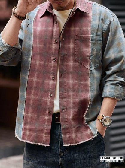 レトロカラー ブロック ワークシャツ