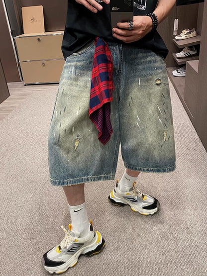 Retro Gangster Denim Splash Shorts