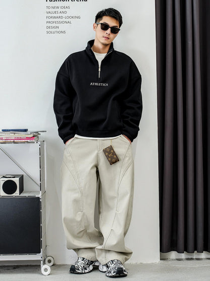 カジュアル刺繍ハーフジップセーター