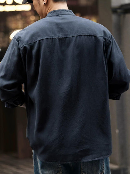 レトロリネンスタンドカラーシャツ