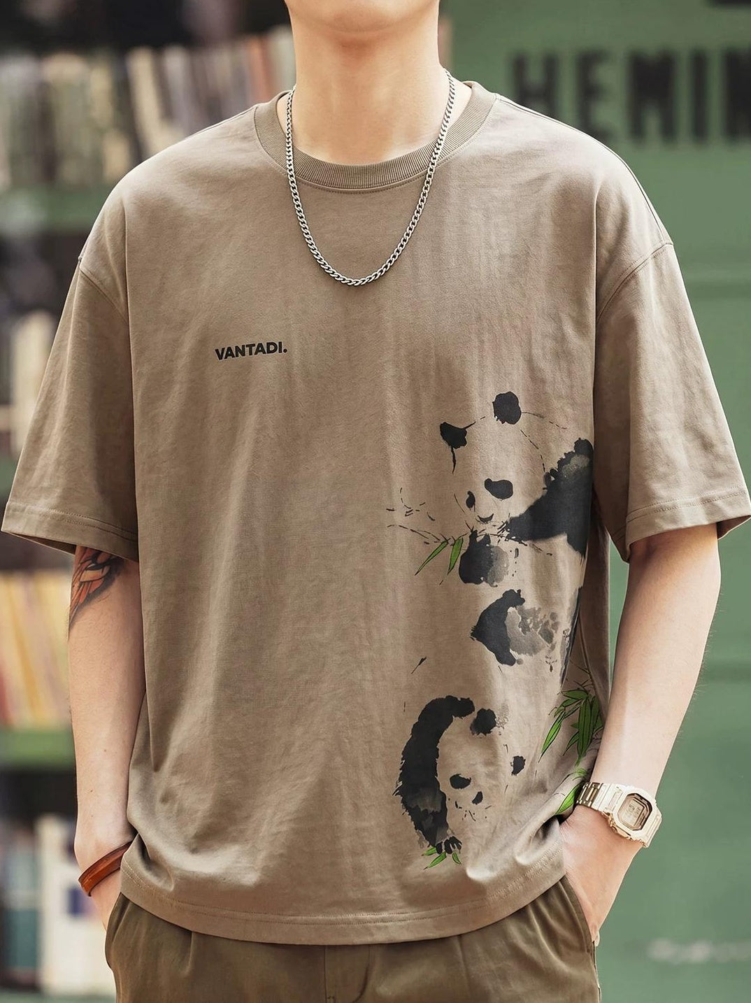パンダプリントリネンTシャツ