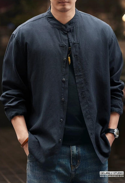 レトロリネンスタンドカラーシャツ