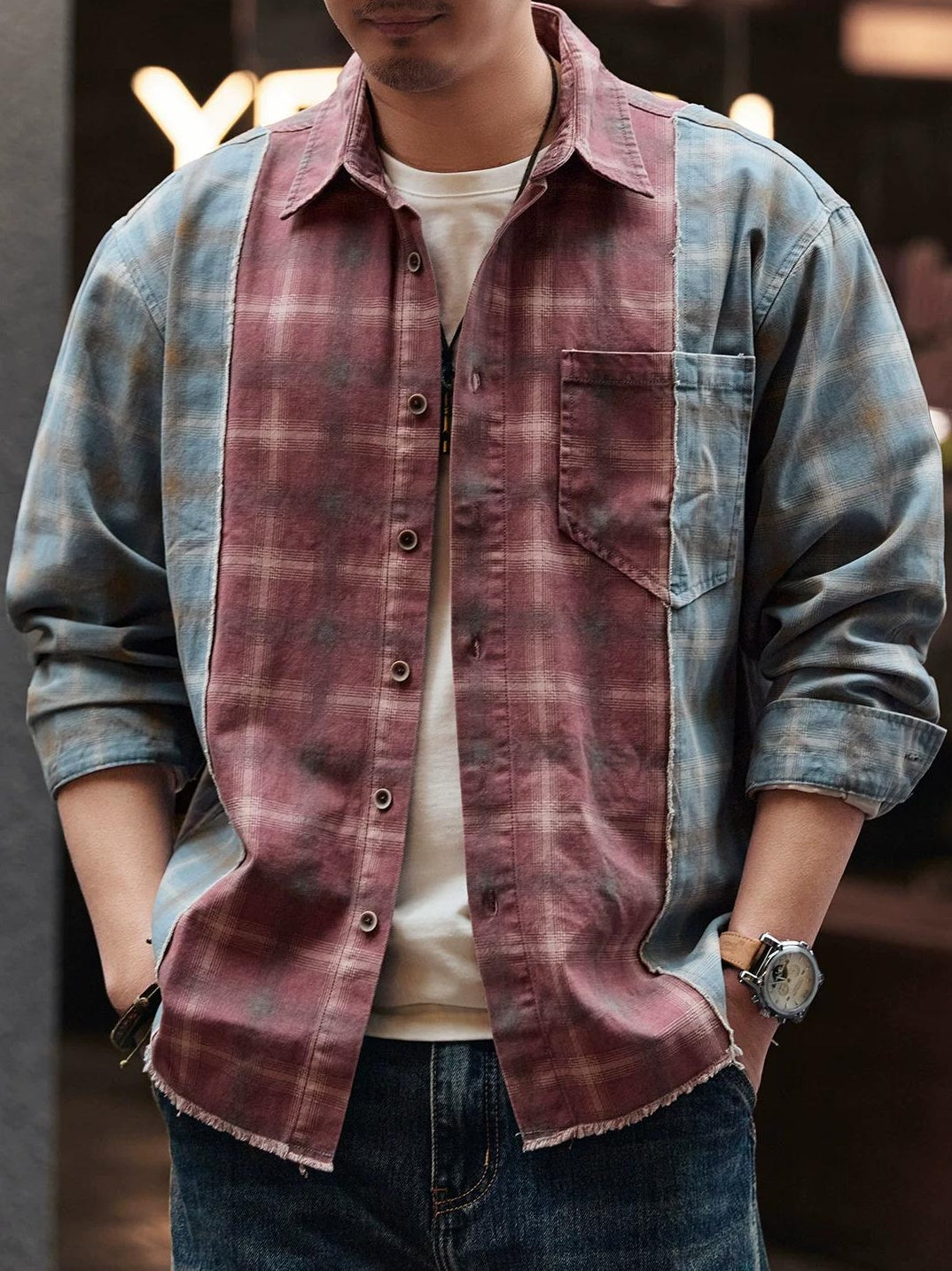 レトロカラー ブロック ワークシャツ