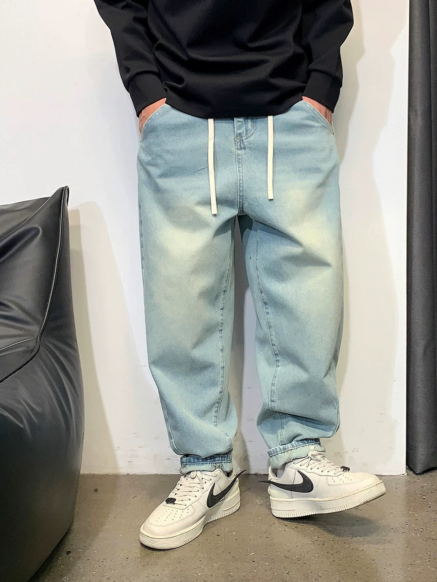 ウォッシュド 無地 ブルー ルーズ デニム ストレート 韓国 ウォッシュドブルー ルーズストレートジーンズ – Urban X