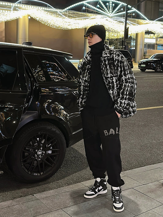 Black and white checked down jacket 