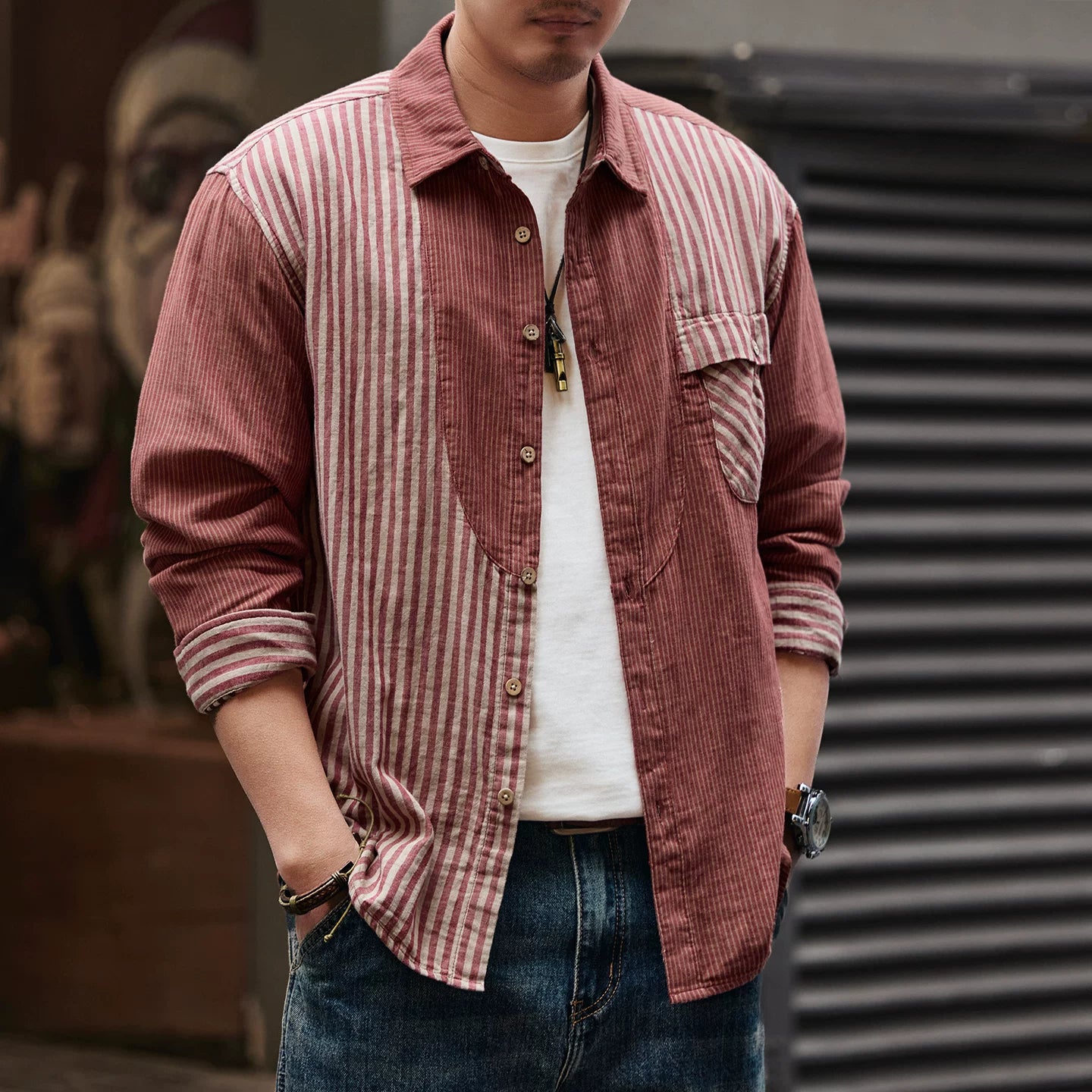 レトロ　カラーブロック　ストライプシャツ