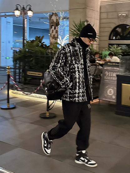 Black and white checked down jacket 