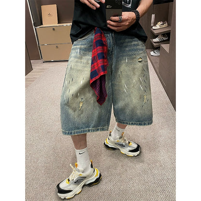 Retro Gangster Denim Splash Shorts
