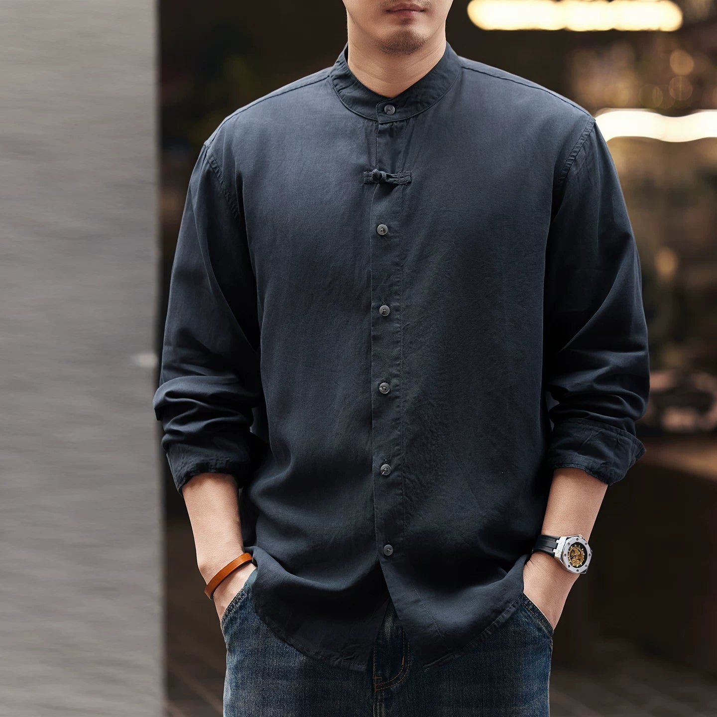 レトロリネンスタンドカラーシャツ