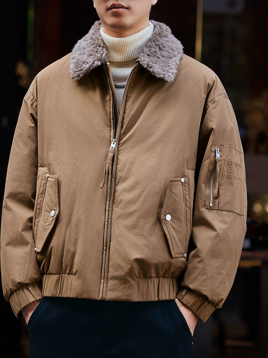 リムーバブルウールカラー ダウンジャケット