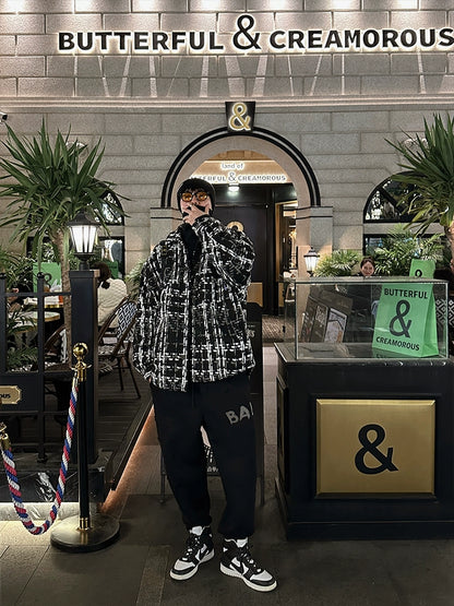Black and white checked down jacket 