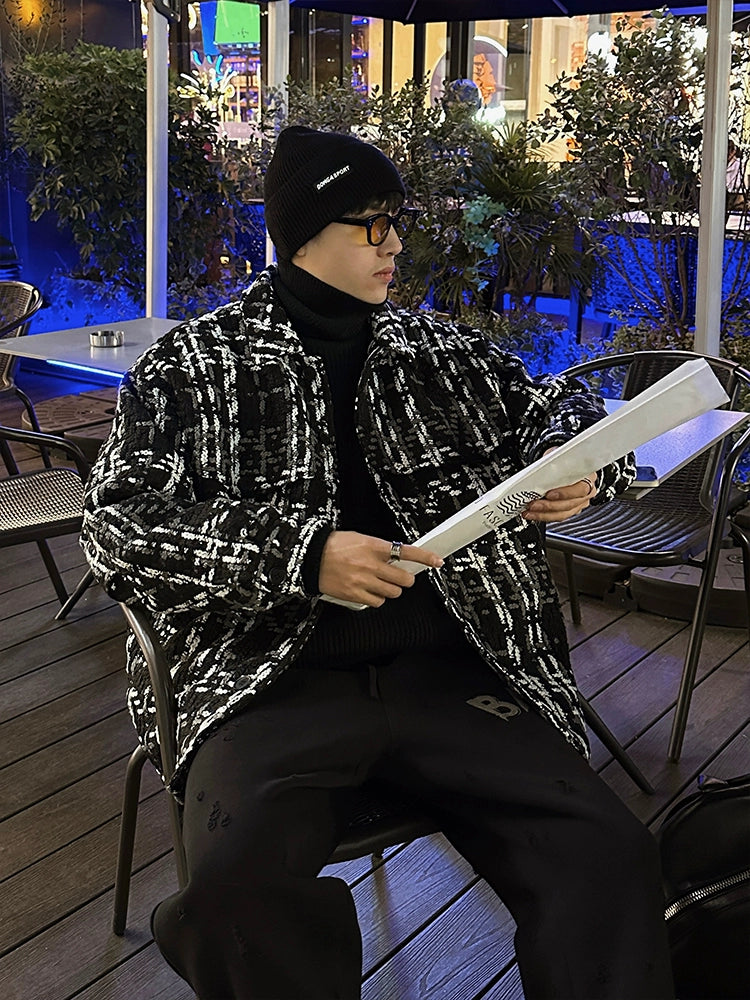 Black and white checked down jacket 