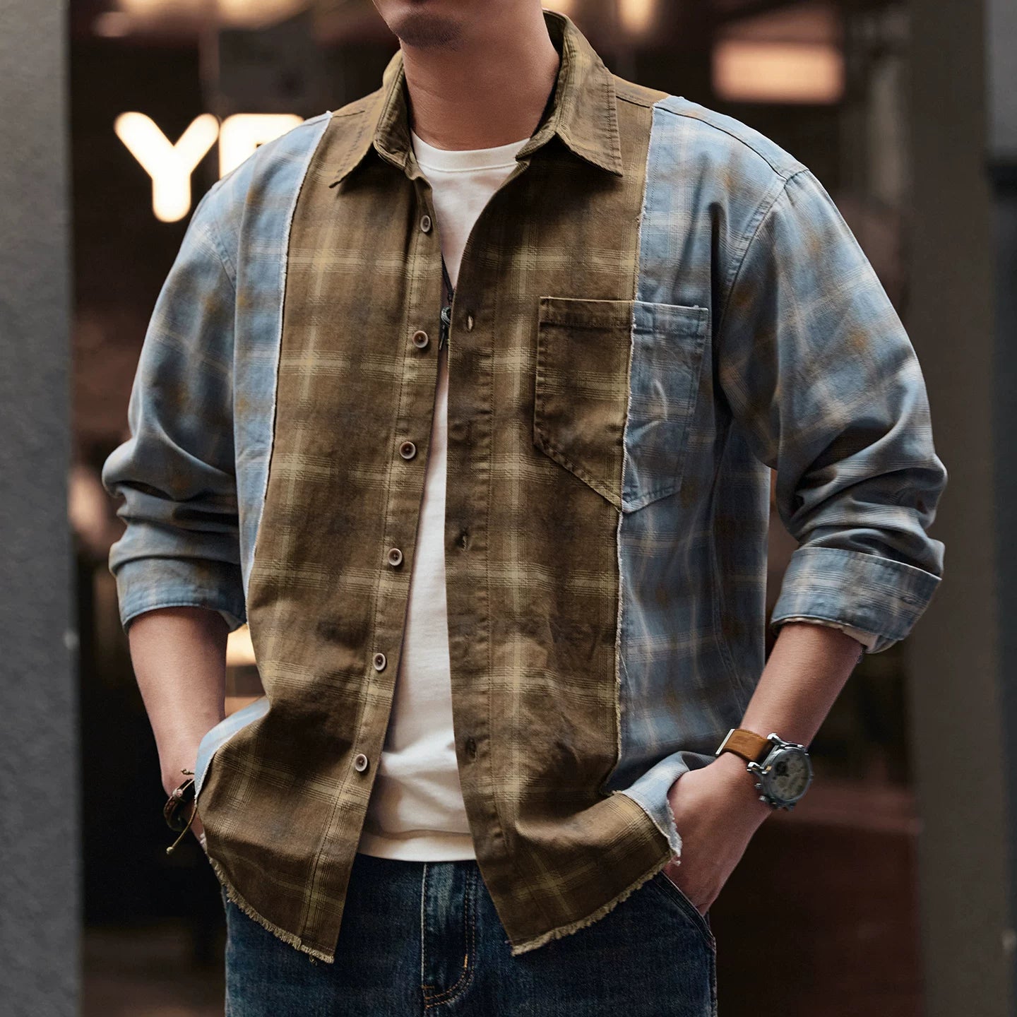 レトロカラー ブロック ワークシャツ