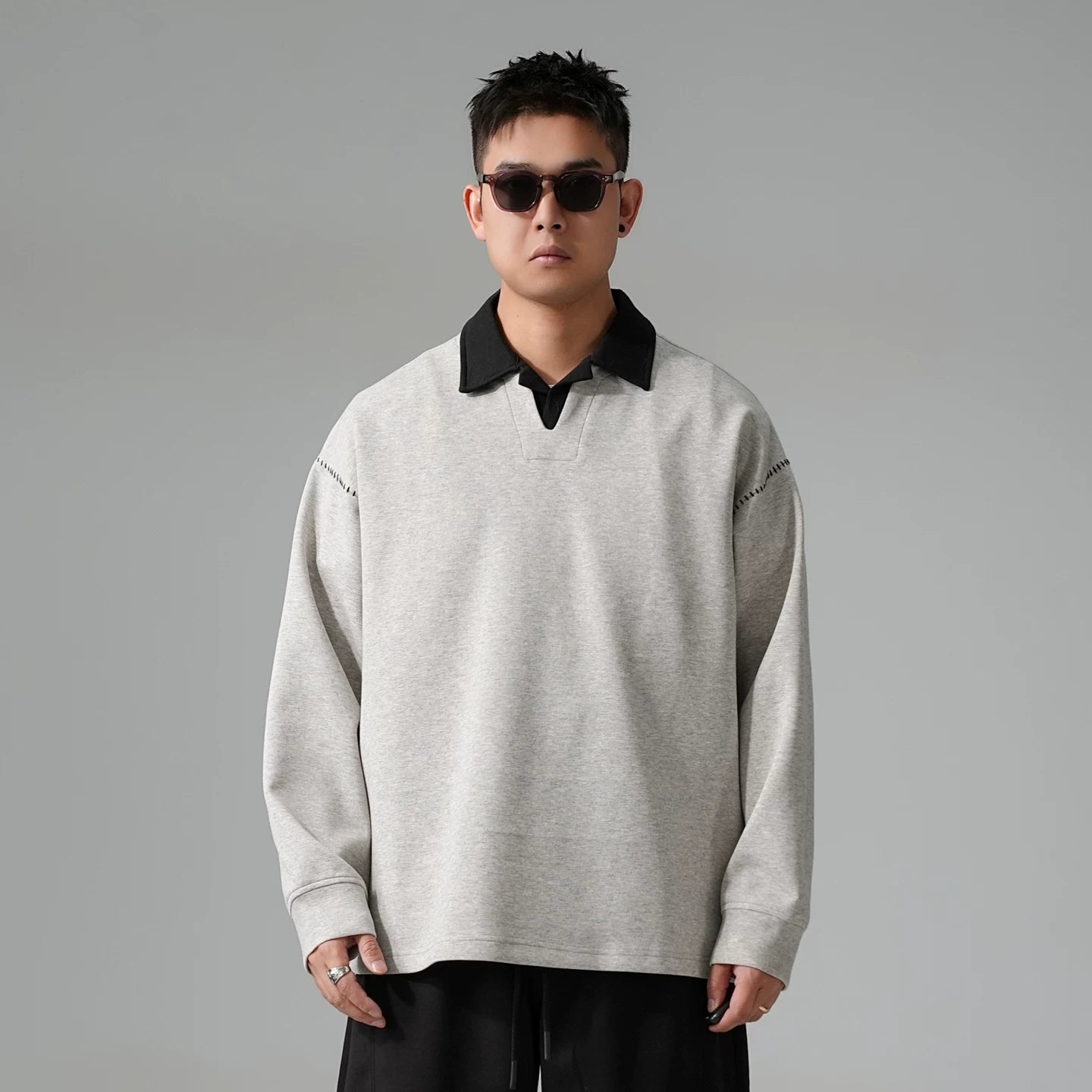 カラーブロック ラペル スウェットシャツ トップス