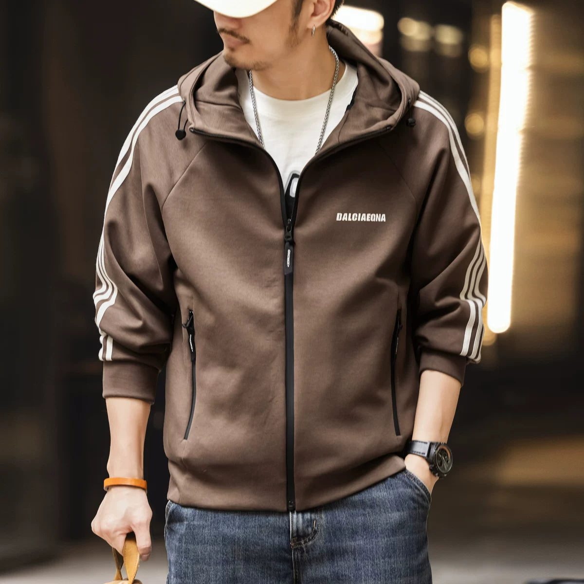 ビッグストライプフード付きカーディガン