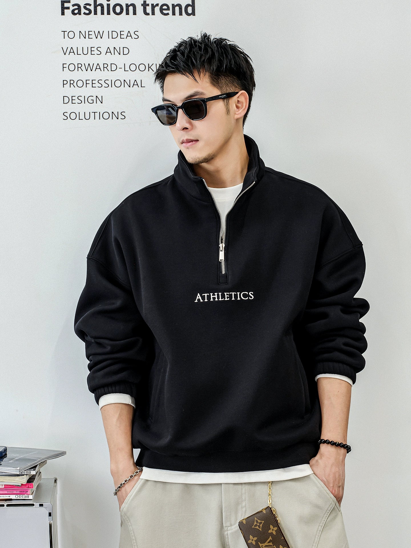 カジュアル刺繍ハーフジップセーター