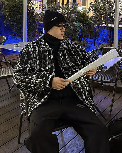 Black and white checked down jacket 