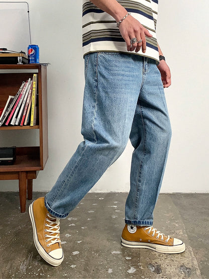 Washed light blue jeans straight leg pants