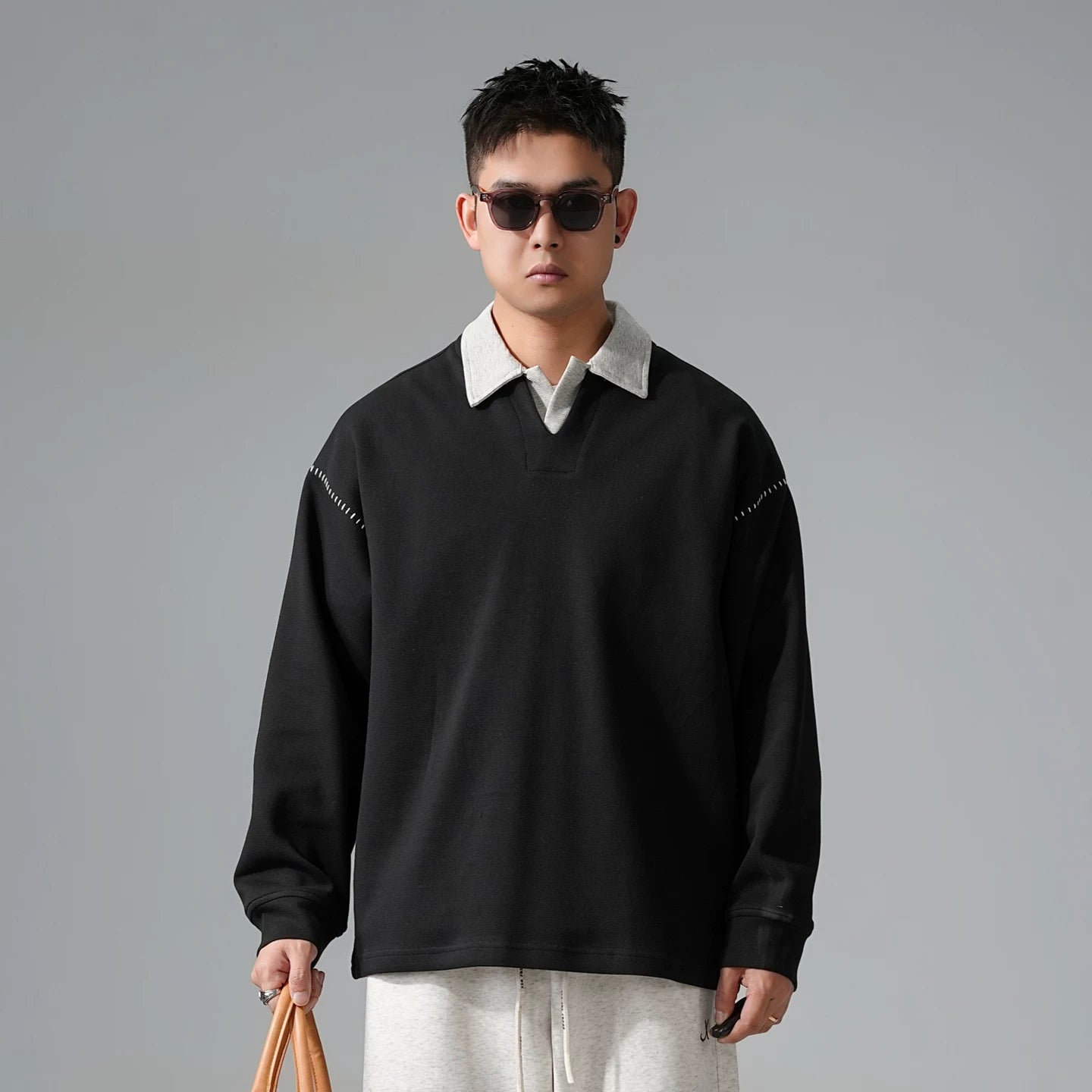 カラーブロック ラペル スウェットシャツ トップス