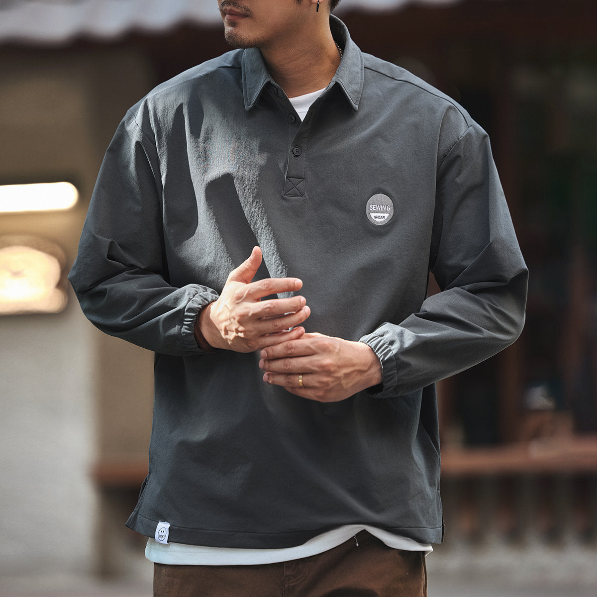 ブルー レトロ アウトドア ポロシャツ