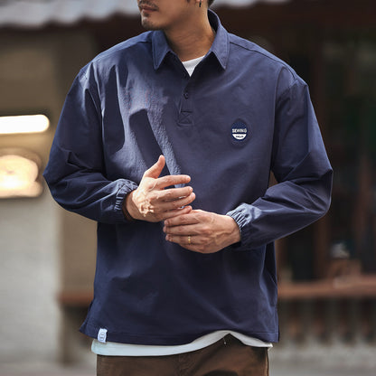 ブルー レトロ アウトドア ポロシャツ