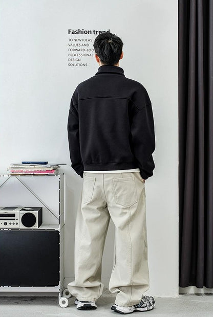 カジュアル刺繍ハーフジップセーター