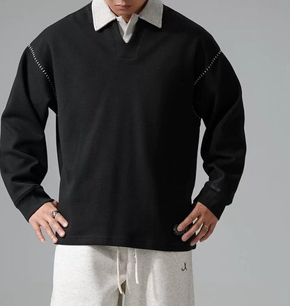 カラーブロック ラペル スウェットシャツ トップス