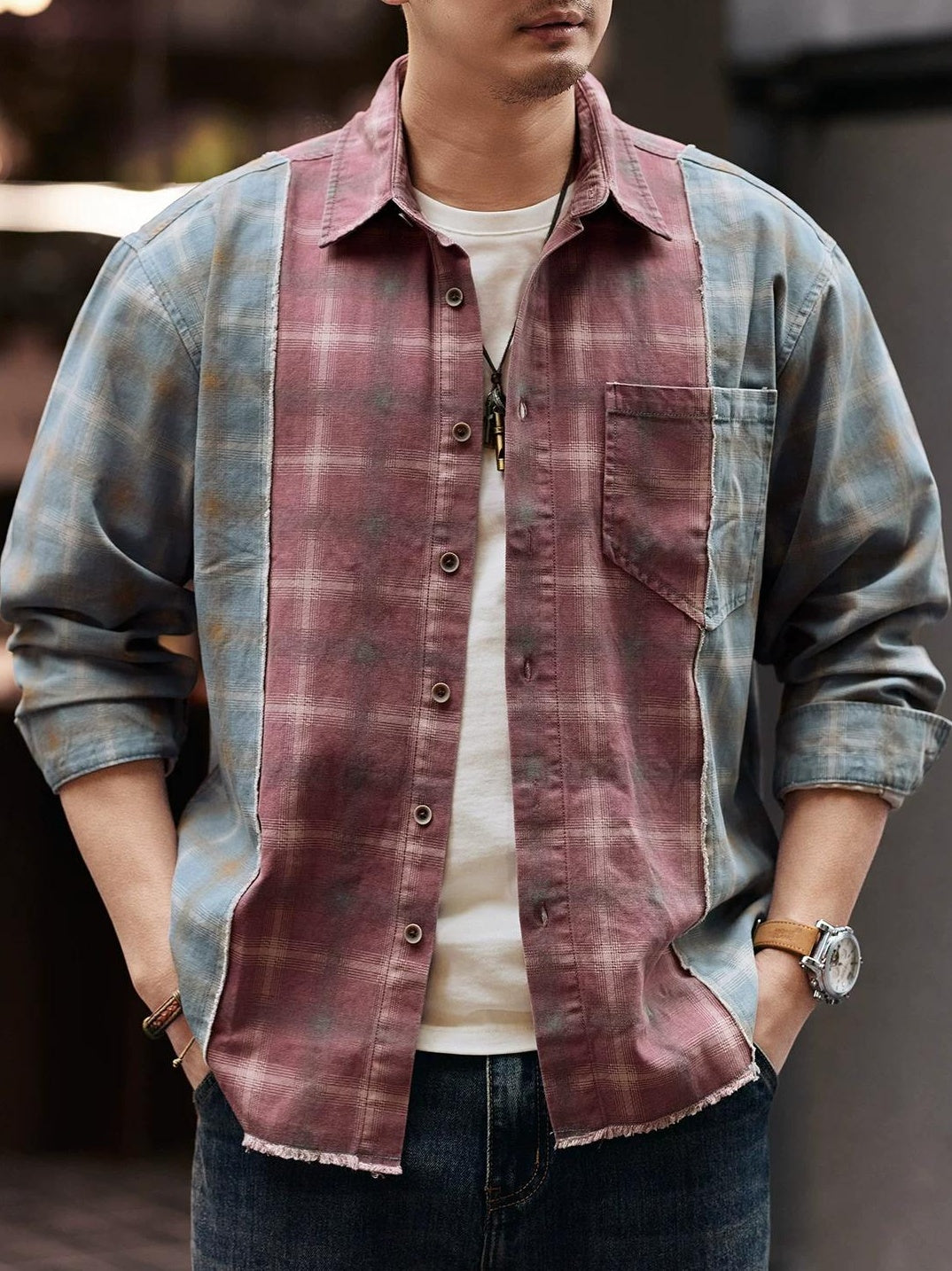 レトロカラー ブロック ワークシャツ