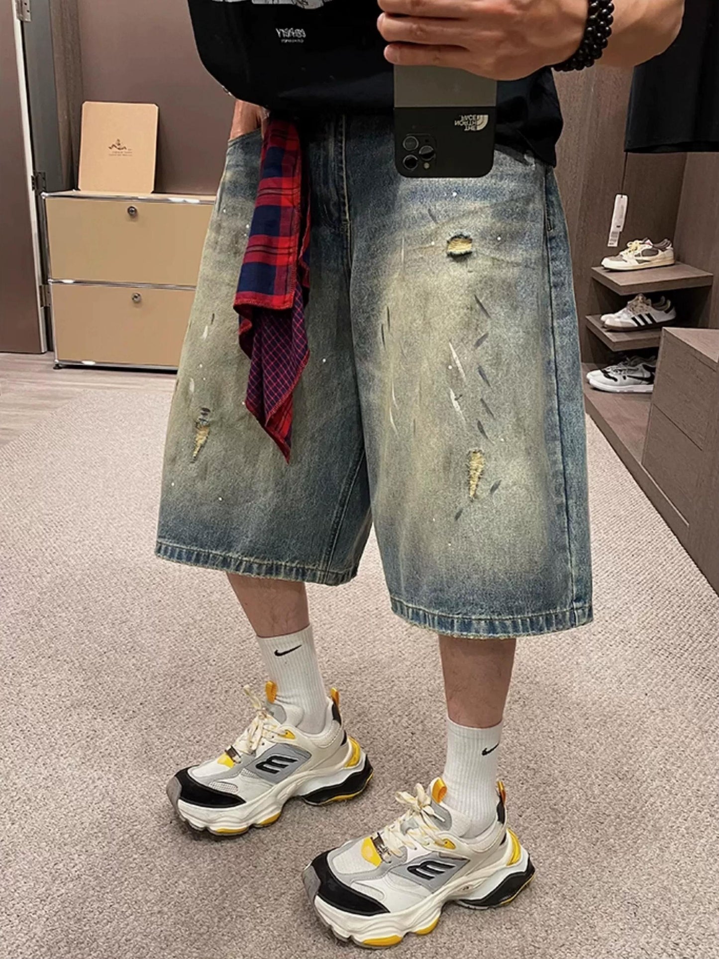 Retro Gangster Denim Splash Shorts