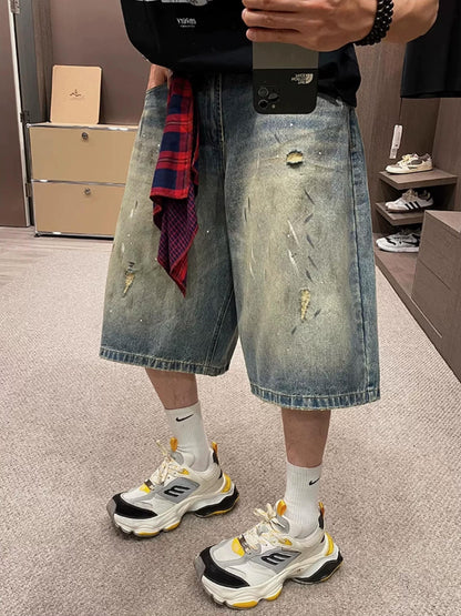 Retro Gangster Denim Splash Shorts