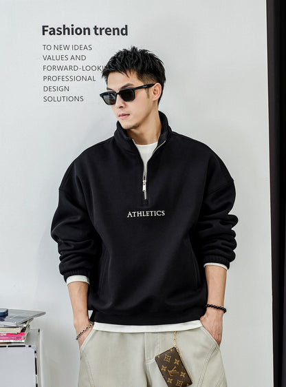 カジュアル刺繍ハーフジップセーター