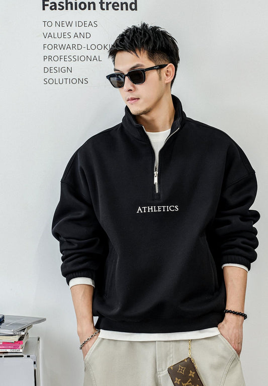 カジュアル刺繍ハーフジップセーター