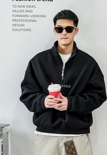 カジュアル刺繍ハーフジップセーター