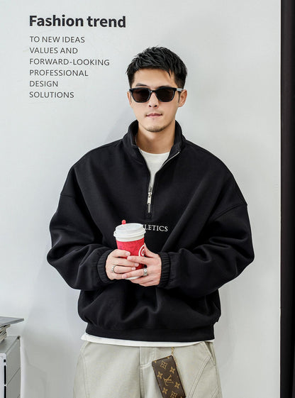 カジュアル刺繍ハーフジップセーター