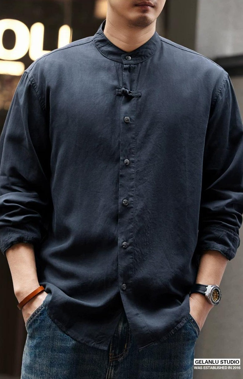 レトロリネンスタンドカラーシャツ