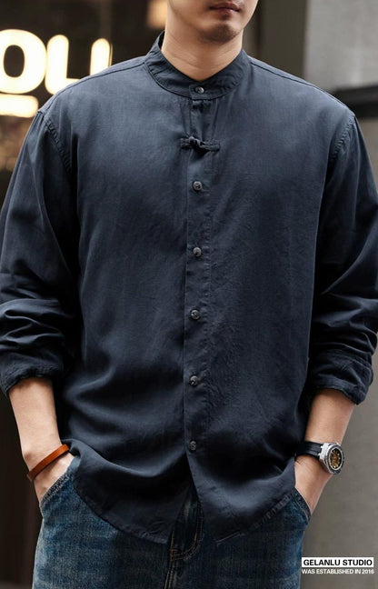 レトロリネンスタンドカラーシャツ