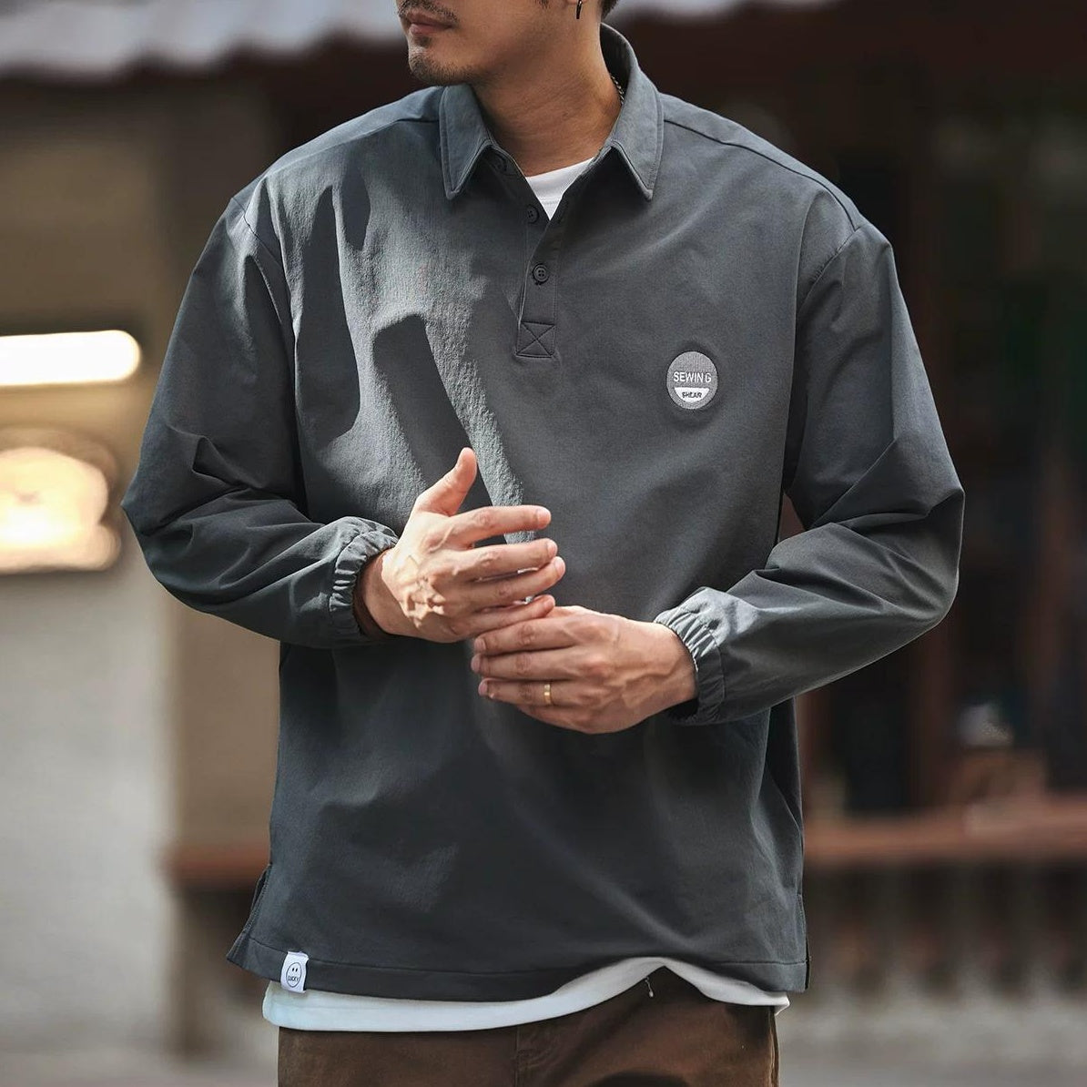 ブルー レトロ アウトドア ポロシャツ